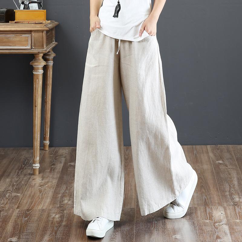 Spring Summer Women's Pants Literary Cotton Linen Loose Large Size Wide Leg Pants High Waist Dragging Pants Straight Long Pants