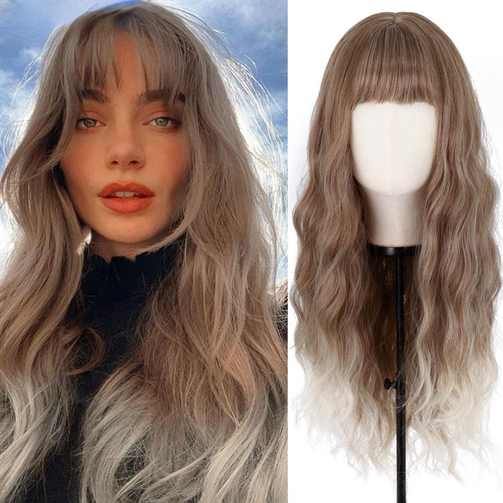 MERISIHAIR Long Ombre Synthetic Orange Red Black Pink Wigs with Bangs Water Wave Synthetic Heat Resistant Fiber Wigs for Women