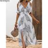 MODIQUE 2025 Summer Plus Size New Women's Sexy Printing Elastic Waist Split Long Dress Ladies X-Line Hot Raglan Sleeve V-Neck Dress