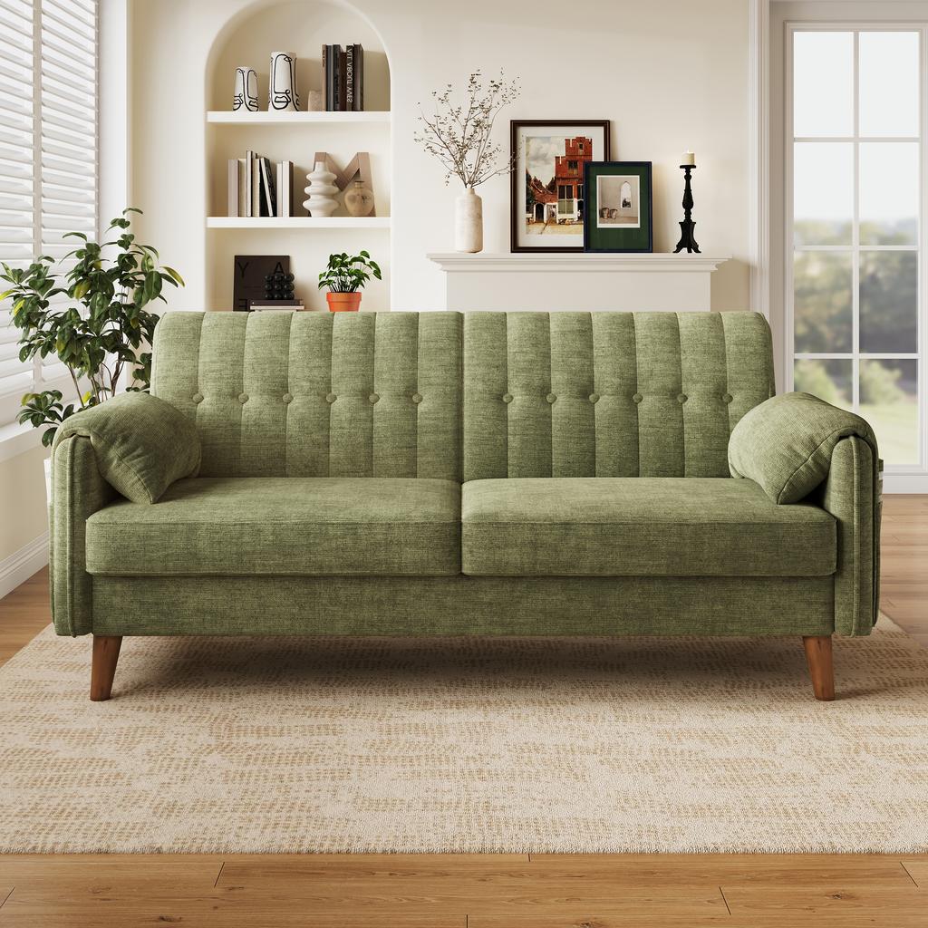 Modern 2-Seater Sofa in Chenille with Thick Seat Cushion, Tufted Backrest, 2 Armrest Cushions, Side Pockets; Solid Wood Legs, Easy to Assemble, Green