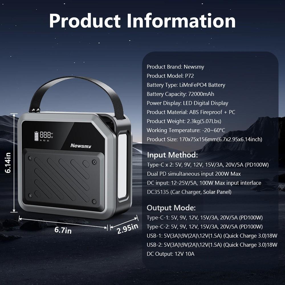 Портативная электростанция NEWSMY P72, 268 Вт 270 Втч/72000 мАч литий-железо-фосфатный аккумулятор с прожектором, 2×100 Вт USB-C PD, 5 выходов