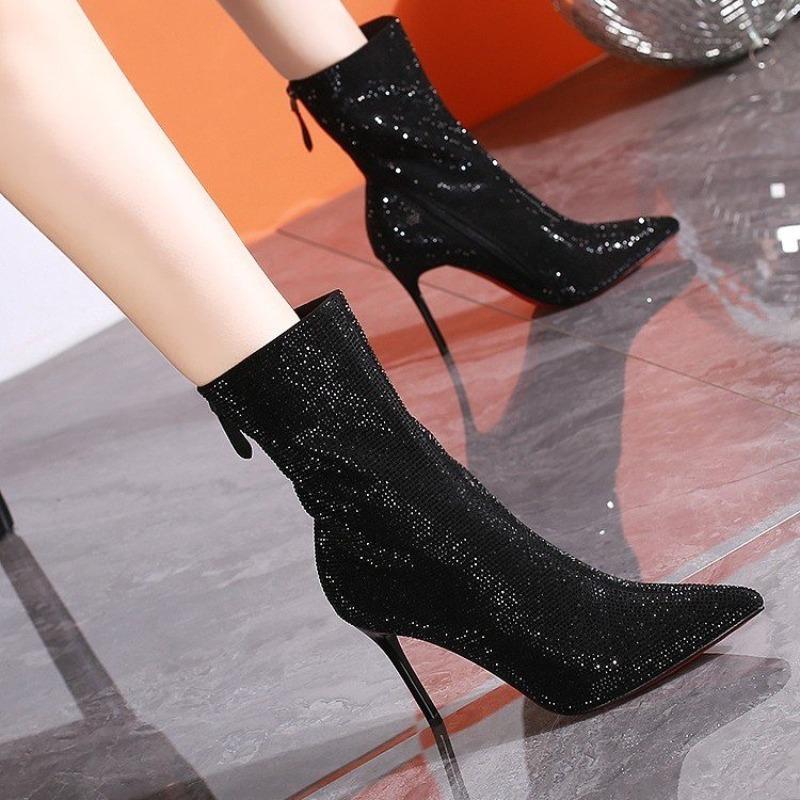 Мода 2024 Весна и Осень Новая Мода Острый Тонкий Каблук Мода Стразы Молния Сзади Женская Верхняя Одежда Голые Сапоги Женские