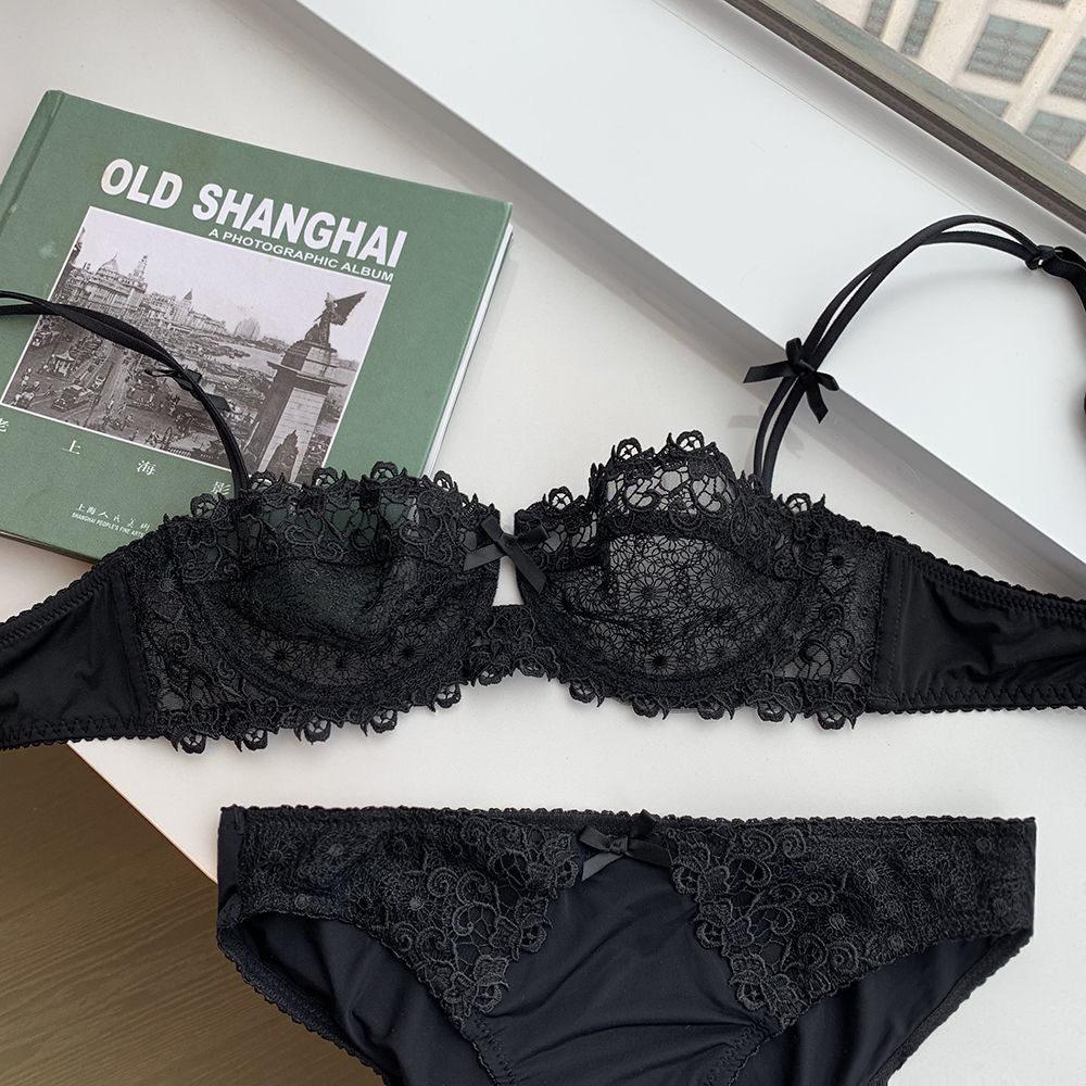 Sexy Lace Bra Set for Women Plus Size Half Cup Sheer Ultra Thin Nipple Concealed Erotic Lingerie Push Up Comfort Underwear Set
