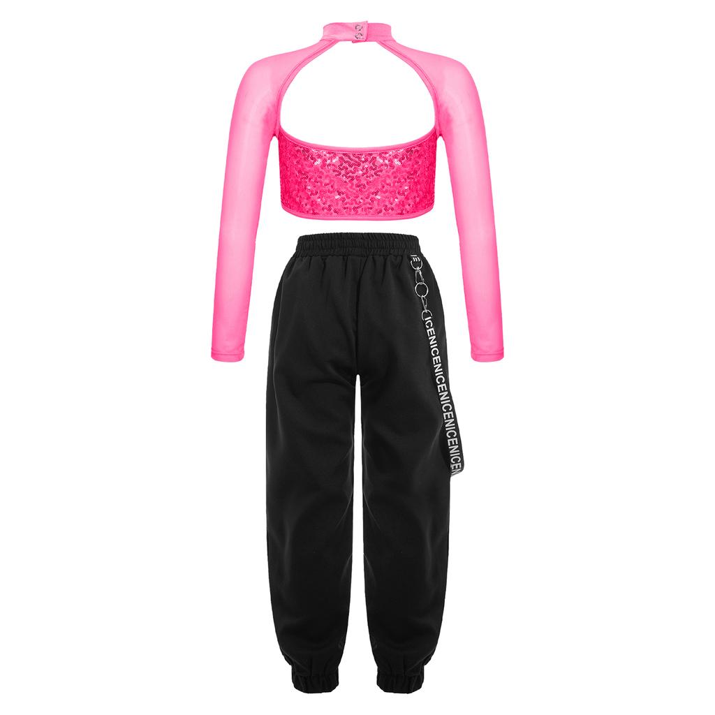 Kids Girls Casual Outfits Long Sleeve Mock Neck Crop Top with Elastic Waistband Pants for Hip-hop Street Dance