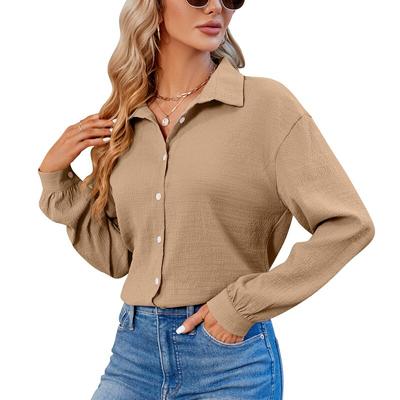 Элегантная простая офисная рубашка с длинным рукавом на пуговицах 2023, однотонная женская мятая блузка, женские винтажные свободные повседневные топы 28496