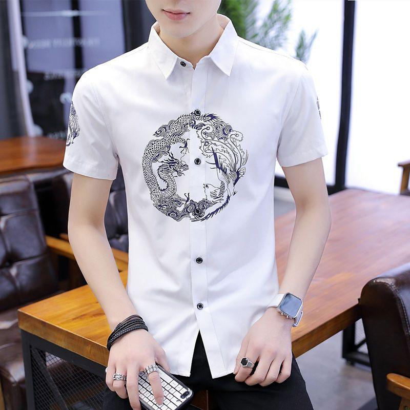 Men's Printed Short-sleeved Summer Trend of Handsome and Stylish Shirt Casual Versatile Inch Shirt Men's Shirt