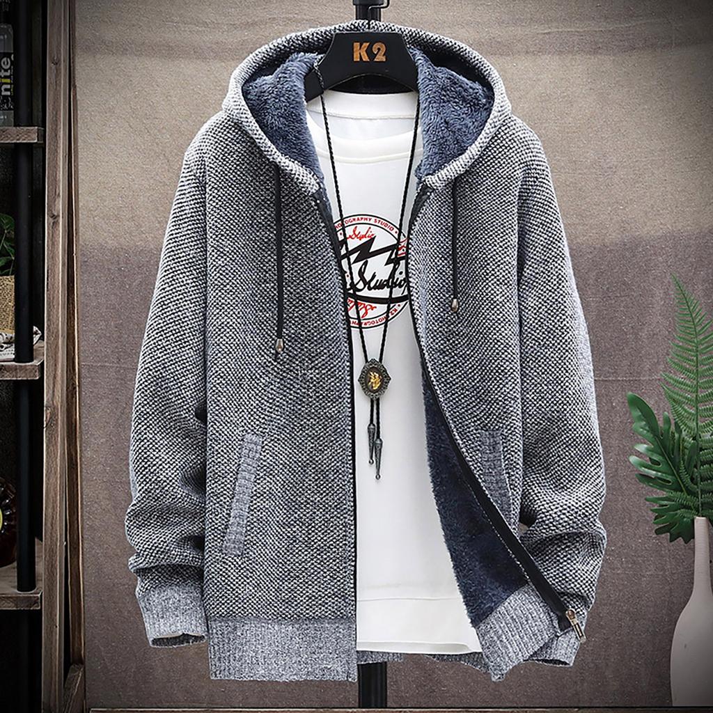 Men's Fall And Winter Casual Sweater Jacket Warm Knit Sweater Hooded Hoodie