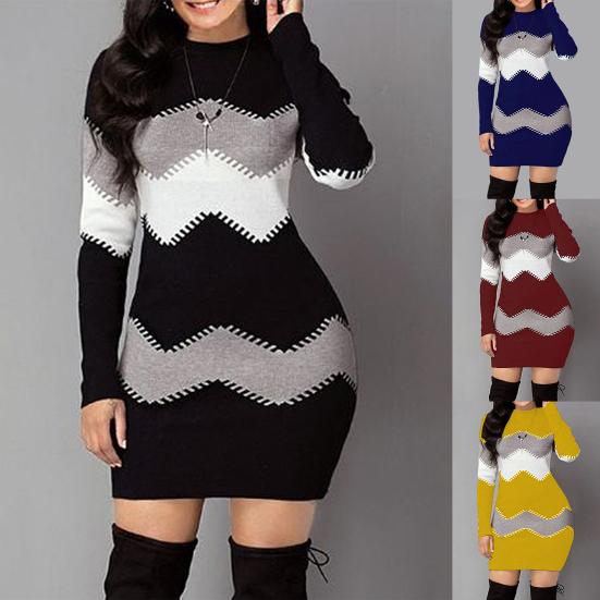 Women Autumn O Neck Long Sleeve Color Block Bodycon Warm Mini Sweater Dress