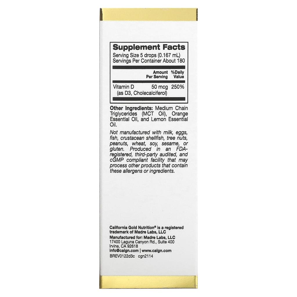 California Gold Nutrition Витамин D3 (Цитрусовые), 2 000 МЕ, 1 жидкая унция (30 мл)