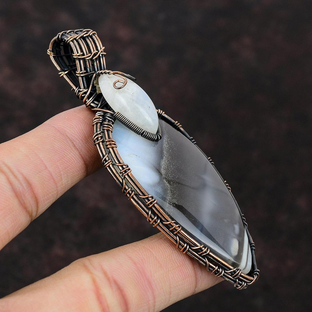 Owyhee Синий Опал Медная Проволока Обернутый Подвеска Ручной Работы Подвеска Из Драгоценного Камня Радуга Лунный Камень Медные Ювелирные Изделия Упаковка Камней Ювелирный Подарок Для Нее