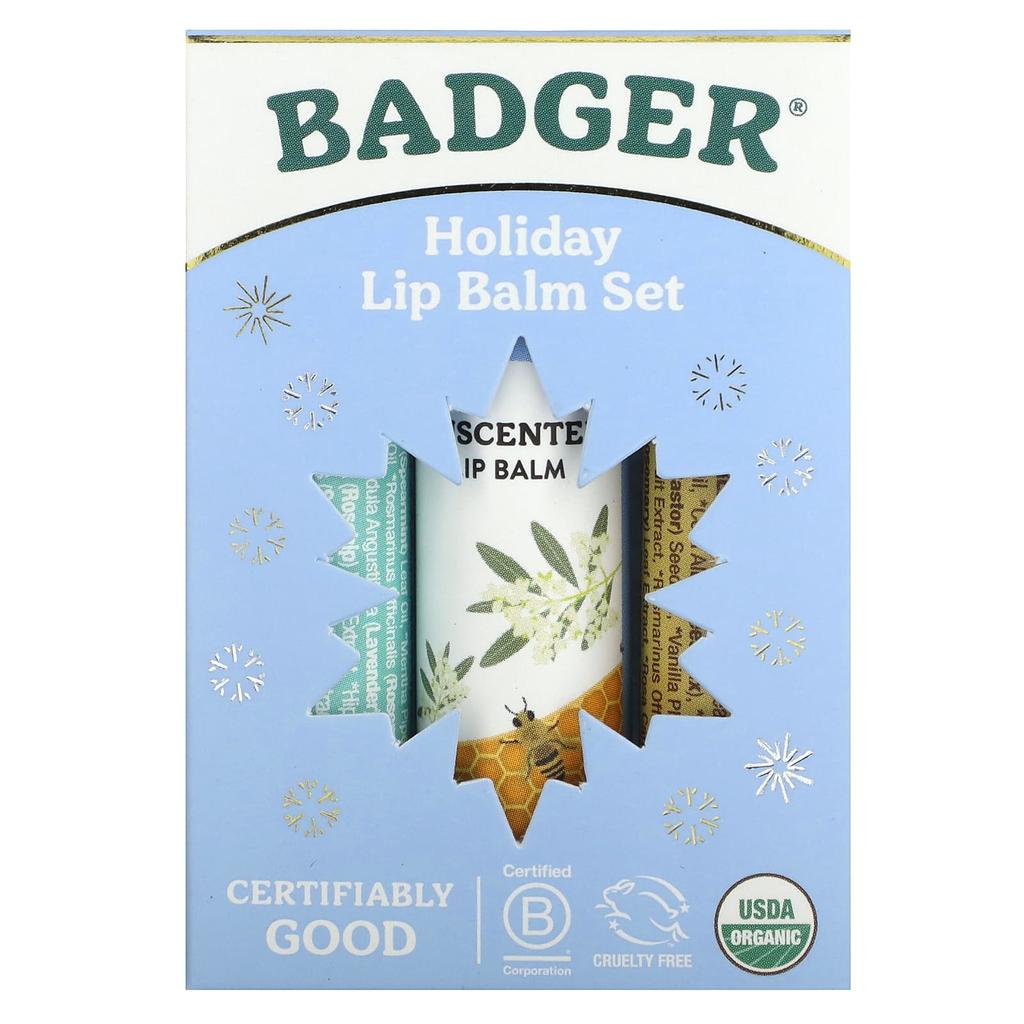 Badger, набор бальзамов для губ Holiday, синяя коробка, набор из 3 шт., 4,2 г (0,15 унции) каждый