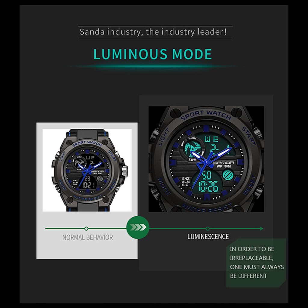 SANDA Модные многофункциональные специальные солдатские часы, мужские водонепроницаемые ночные часы с двойным шоу, фэнтезийные спортивные электронные часы