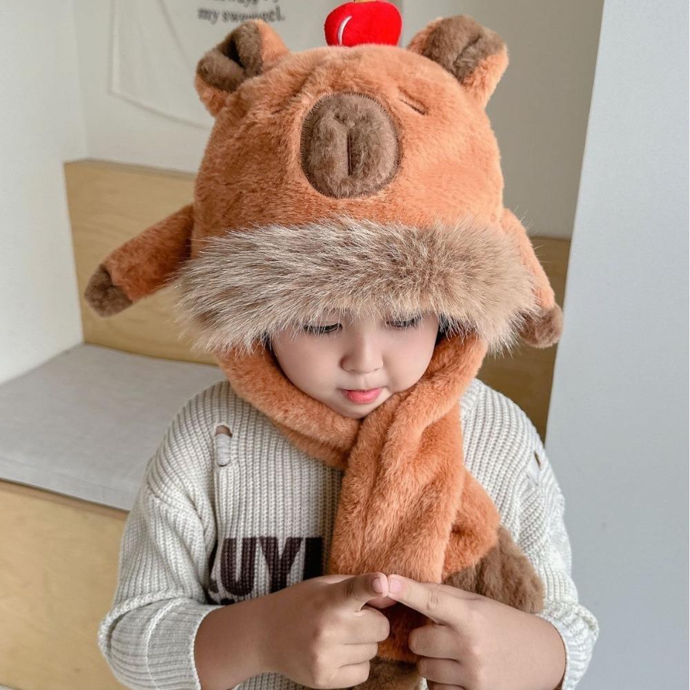 Movable Ears Capybara Hooded Scarf Windproof Plush Hat Scarf Set  Boys/girls