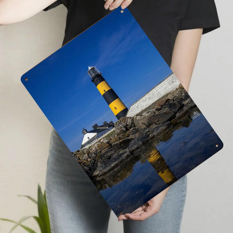 British Black Yellow Striped Lighthouse Metal Wall Art Coastal Scenery Decor for Living Room Study