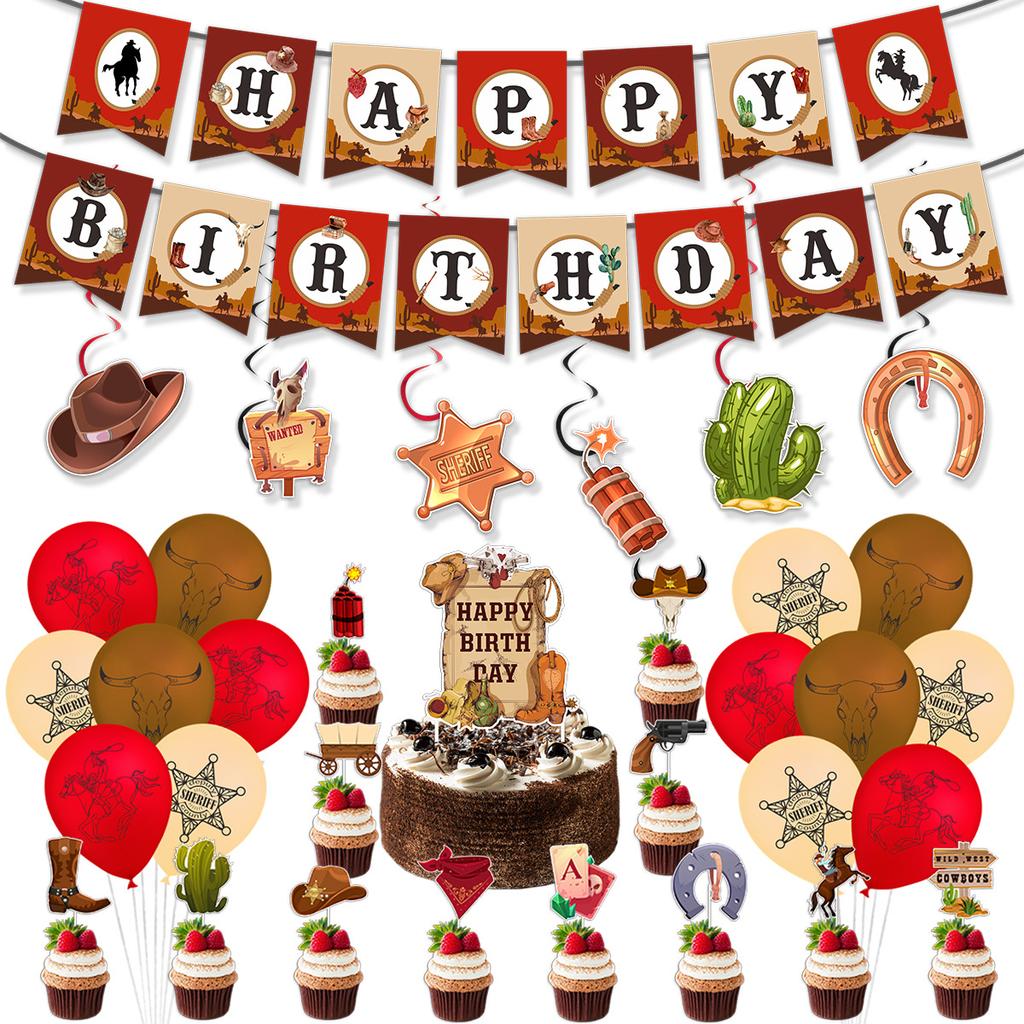 Western Cowboy Themed Birthday Party Decoration Birthday Banner Spiral Pendant Balloon Cake Plug