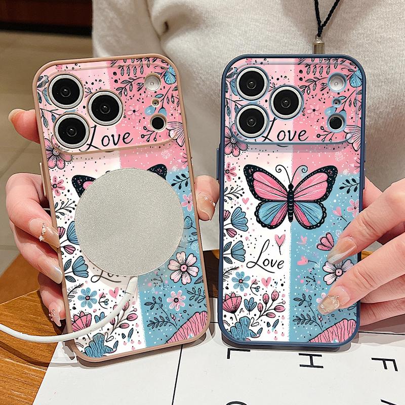 Blue Pink Butterfly Floral Pattern For iPhone 17 Pro Max Funda iPhone 16 15 14 13 Pro Max Skin Feeling Magnetic For Magsafe Shockproof Bumper Cover