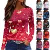 Women's Fashion Casual Slit Hem Round Neck Long Sleeve Valentine's Day Printed T-Shirt Ladies Top