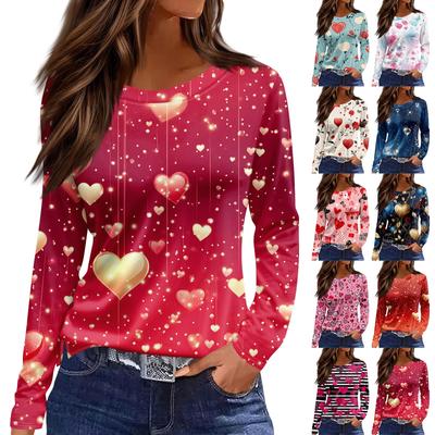 Женская модная повседневная футболка с разрезом и круглым вырезом, длинным рукавом и принтом ко Дню святого Валентина, женский топ