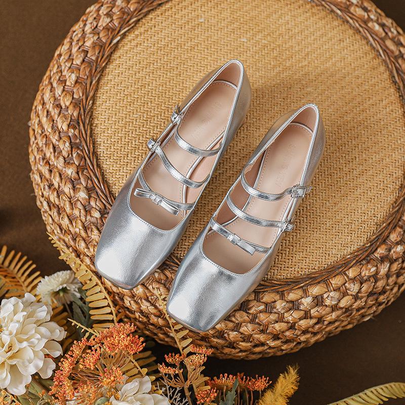Elegant Thick Heel Square Head Mary Jane Shoes Fairy Style Gentle Single Shoes Children Spring and Autumn 2025 New Silver Double Buckle Belt