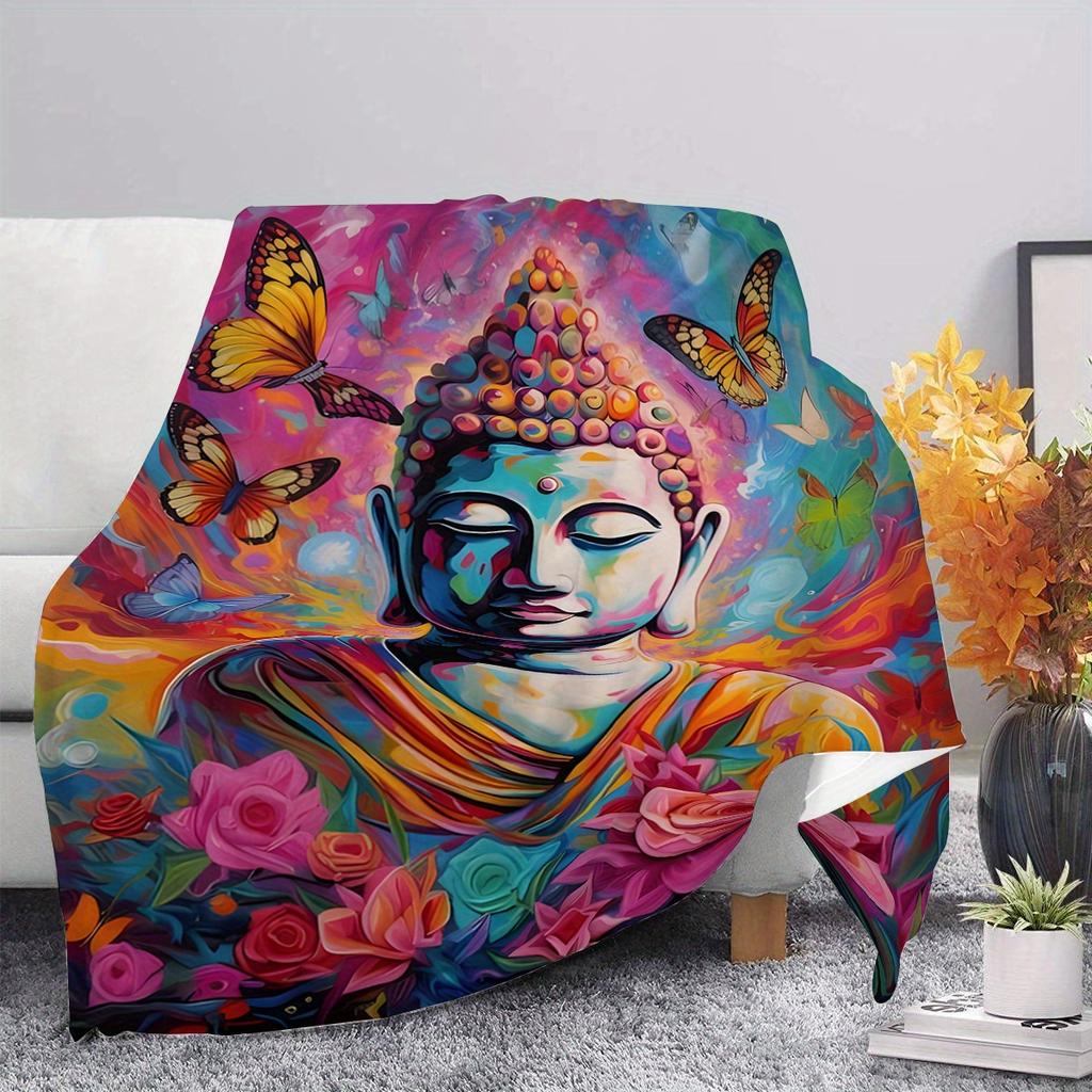 Butterfly and Buddha statue patterns Flannel printed blanket suitable for all seasons suitable for living office sofa and travel