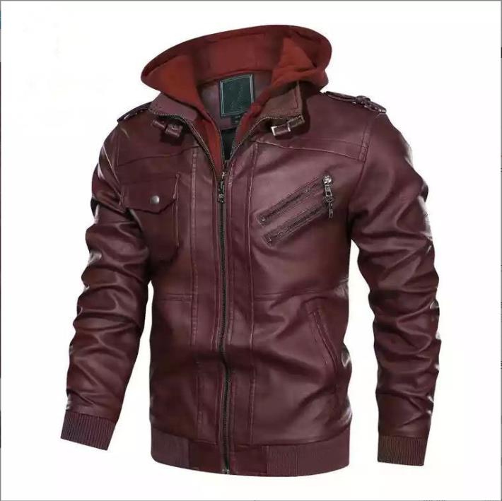 Men's Fall/Winter Double-Decker Trend Locomotive Casual Leather Jacket Hooded Coat Large Size