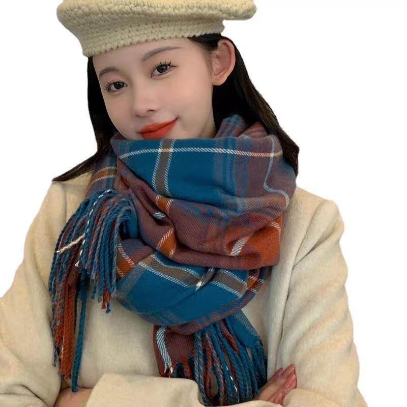 Double-sided Plaid Net Red New Cashmere Scarf Women's Autumn and Winter All-match Korean Version of The Big Shawl with A Bib To Keep Warm and Thicken