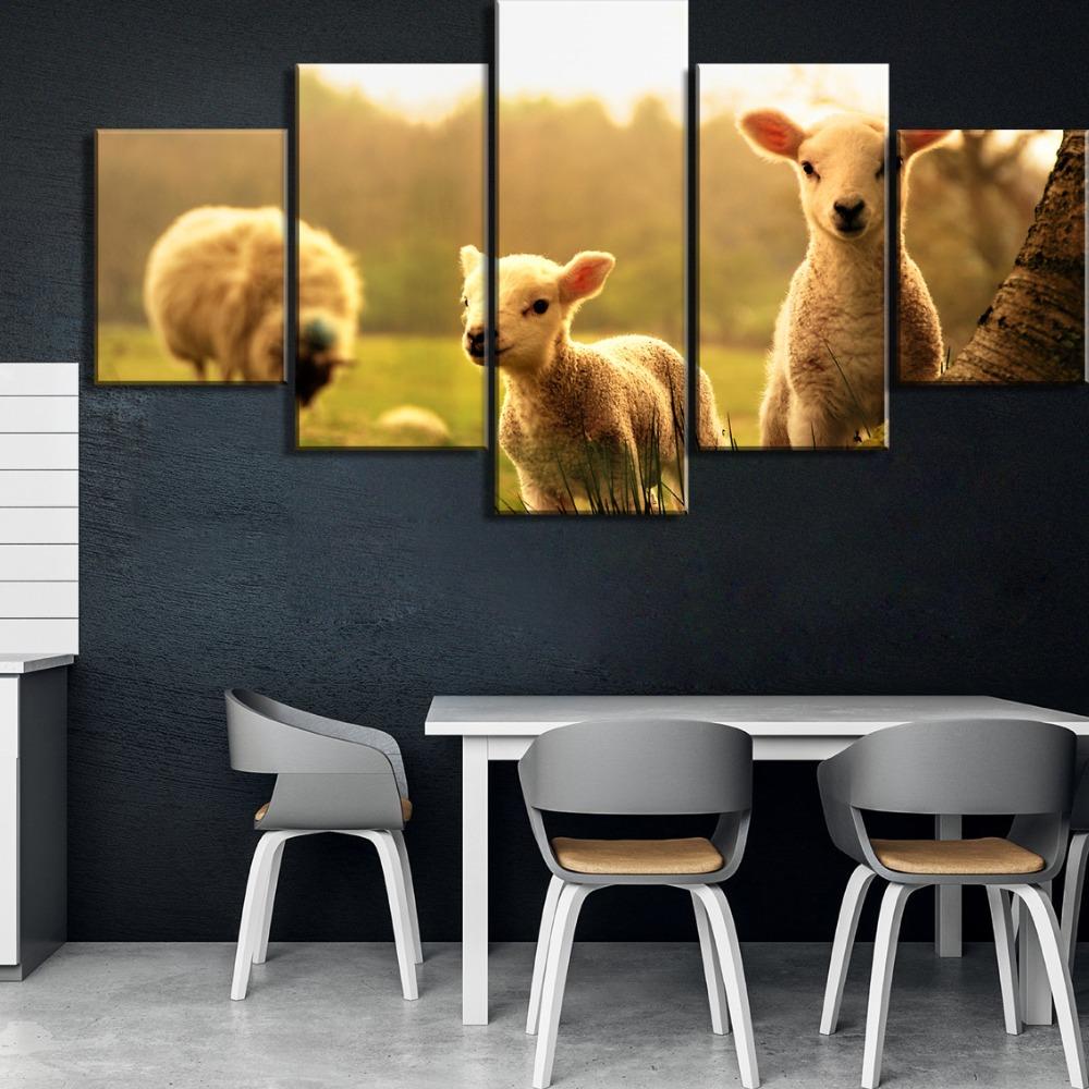 Paintings Canvas 5 Piece HD Print Large Sunset Flock Sheep Animal Decoration Wall Art for Home Decorations Wall Decor