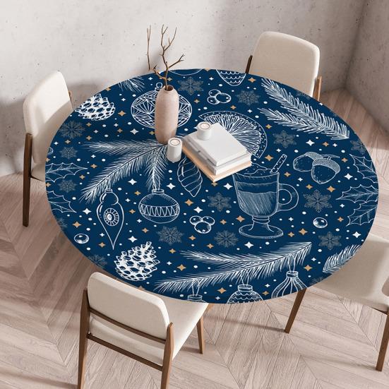 Fitted Christmas Round Tablecloth Holiday Snowflakes Table Cover with Elastic Edge Water-Resistant Christmas Tree Table Cover for Round Tables Dinner