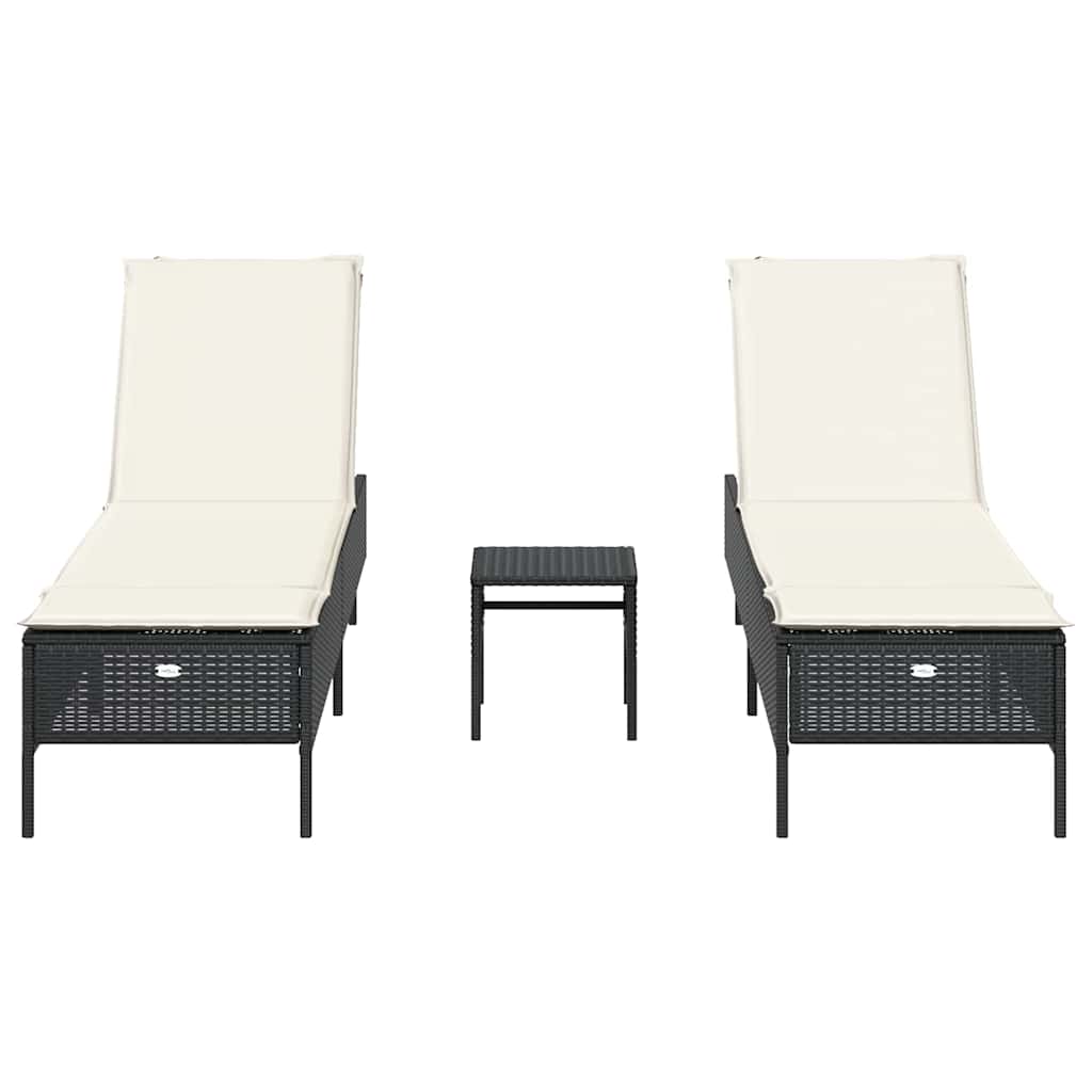 3 Piece Sun Lounger Set with Cushions Black Poly Rattan