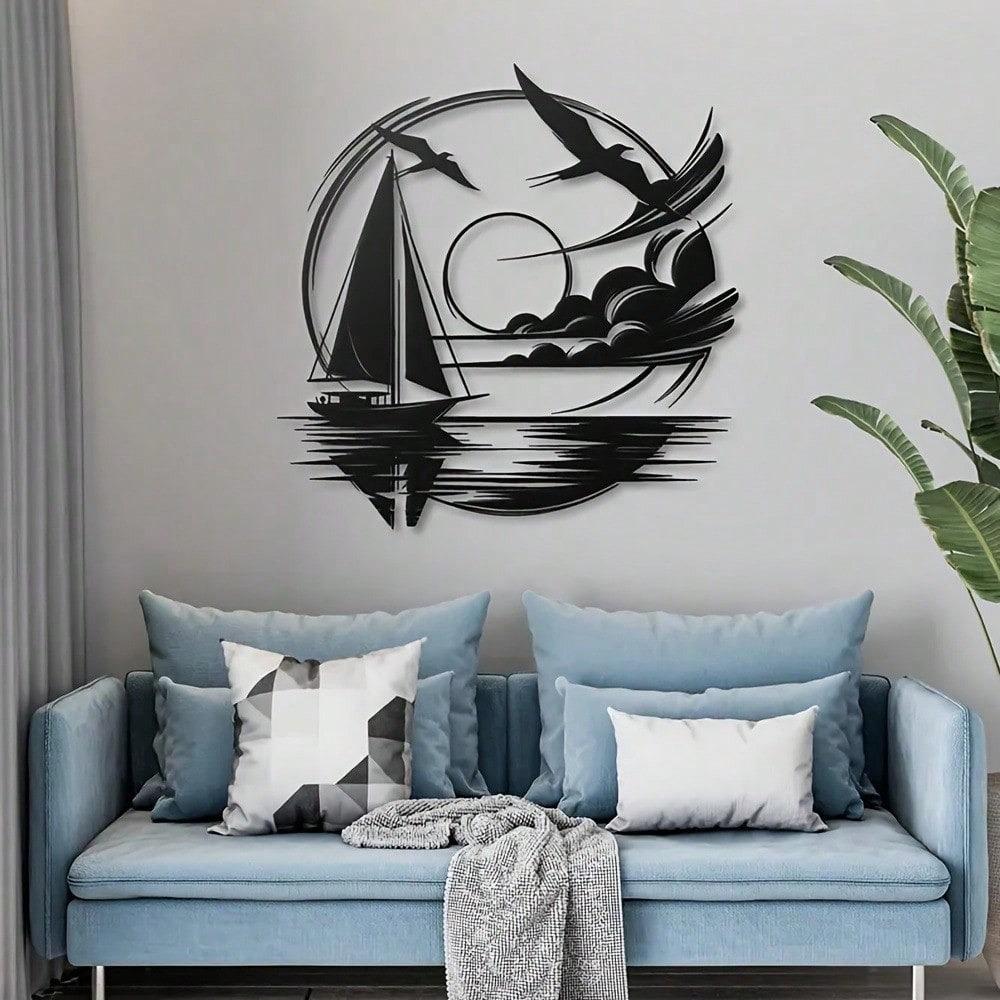 1pc Stylish Metal Sailboat Wall Art With Seagull Accents - Modern Nautical Decor, Perfect For Living Rooms And Beach Enthusiasts