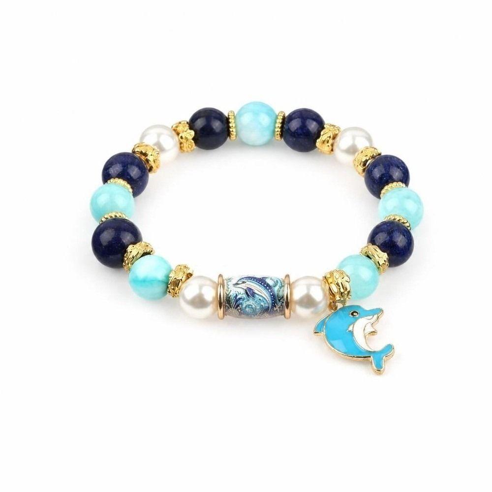Crystal Sea Turtle Bracelet Pendant Floral Print Beaded Jewelry For Women Men