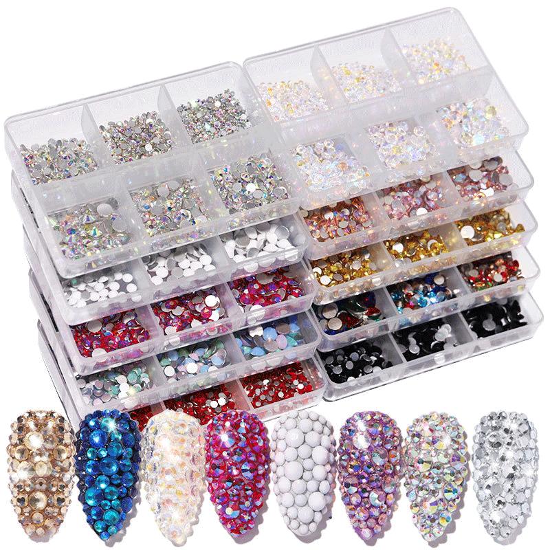 Nail Art Flat Bottom Diamond Mixed Color Champagne 6 Grid Mixed Batch Nail Diy Jewelry Sticker Diamond Nail Art Jewelry
