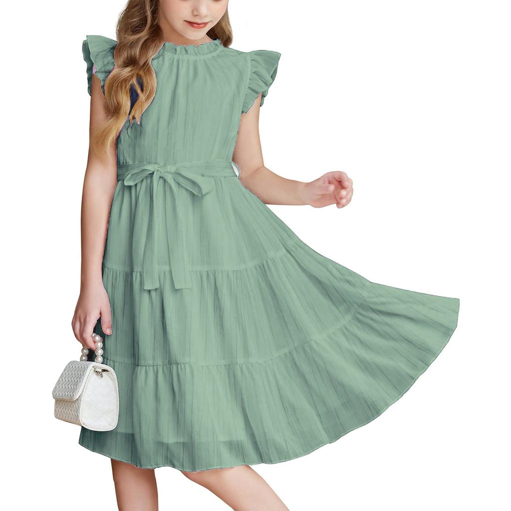 Платье для девочек, однотонное, с круглым вырезом, завязывающимся на талии, с оборкой по подолу