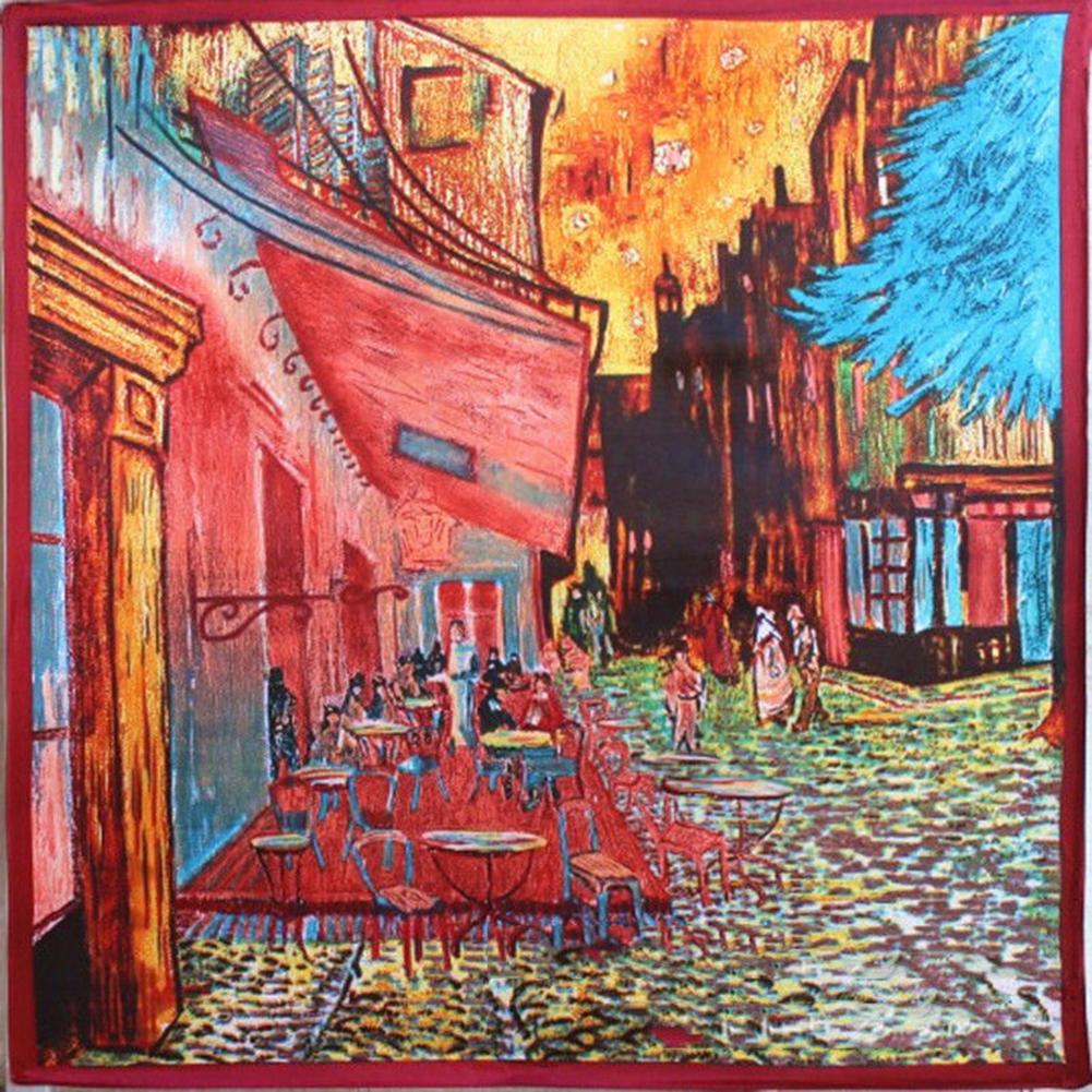 Fashion Scarf Women's Oil Painting Printed Large Silk Satin Square Scarf