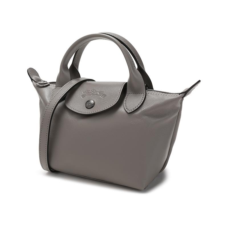 LONGCHAMP Le Pliage Cuir Sheepskin Dumpling Bag, Shoulder Bag, Crossbody Bag, Handbag Mini Women's Streptopelia Gray 1500757P55