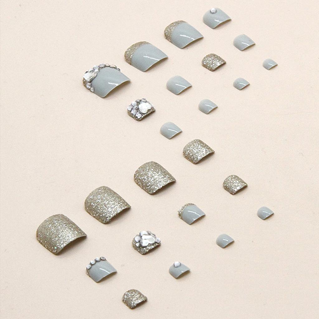 24Pcs Glossy Square Press On Toenails With Sparkly Diamond Design Shiny Fake Nails For Women Summer Pedicure Art