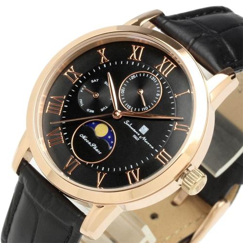 Salvatore Mara Watch Moon Phase Multi Calendar 5 ATM Water Resistant Business Formal Men's Leather Belt Limited Model Black Pink Gold SM21106-PGBK
