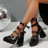 Fashion Women's Gothic Platform Mary Jane High Heels Shoes Black Patent Leather Chunky Heeled Pumps Woman Metal Buckle Strap Punk Shoes