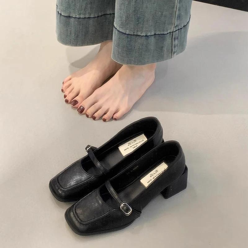 Туфли Мэри Джейн на среднем каблуке, модные туфли с квадратным носком, женские туфли с массивным каблуком, тренд 2024 года, зимние туфли-лодочки, новые женские туфли Zapatillas