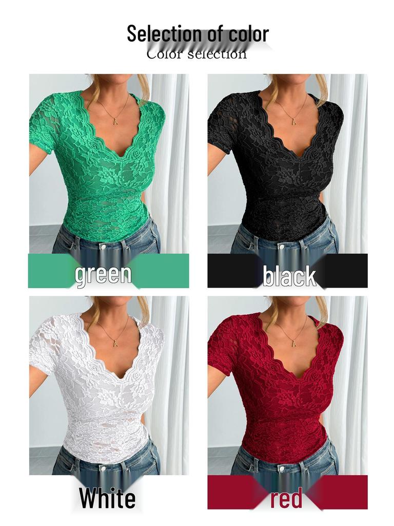 2025 Spring/Summer Women's Sexy Lace V-neck Short Sleeve Top