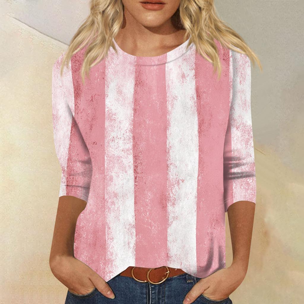 Women's Fashion Casual Round Neck Three-quarter Sleeve Gradient Print T-shirt Top