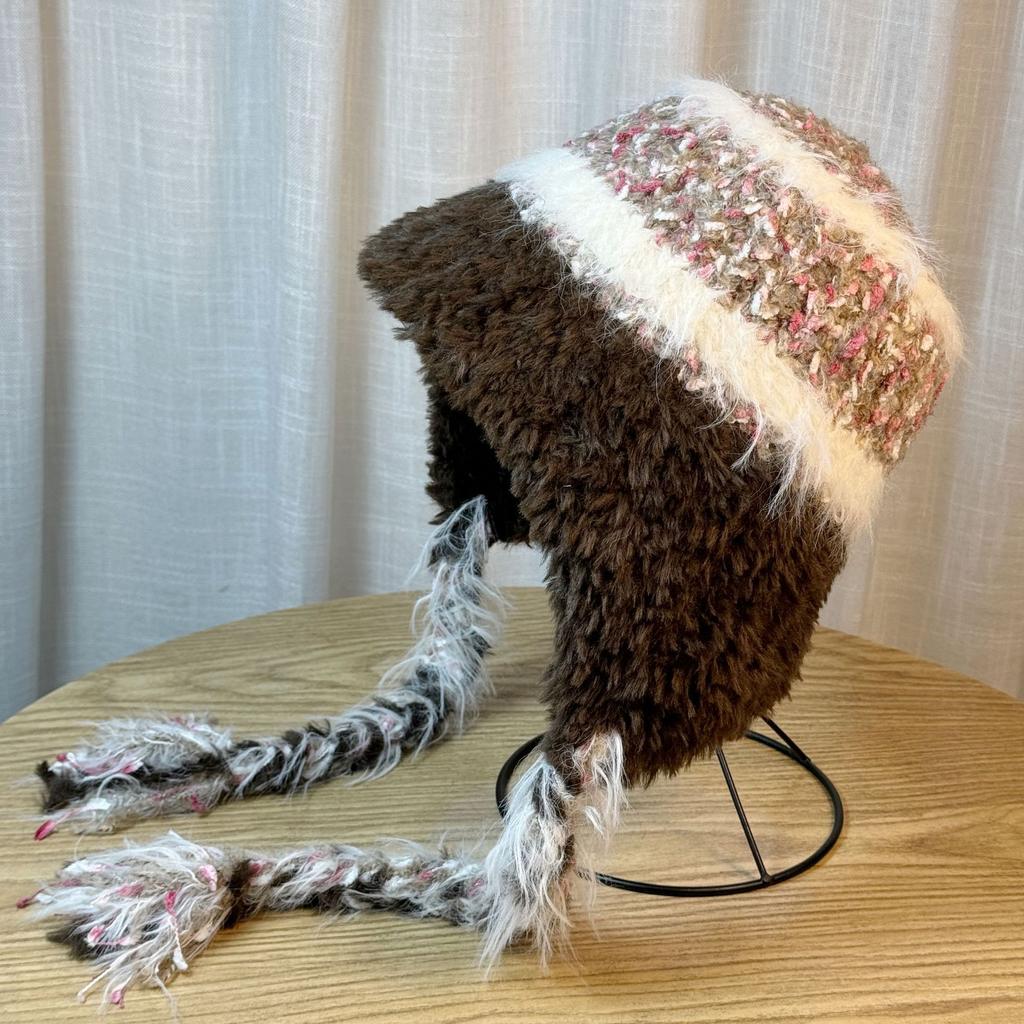 Ethnic Style Striped Splicing Knitted Woolen Hat Autumn and Winter Women's Thickened Warm and Cold Proof Ear Protection Hood Lei Feng Hat