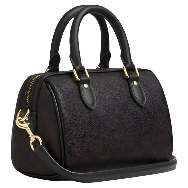 Coach Мини-сумка Boston Duffle из коричневого фирменного канваса с подвеской-сердечком и золотой фурнитурой для повседневного использования