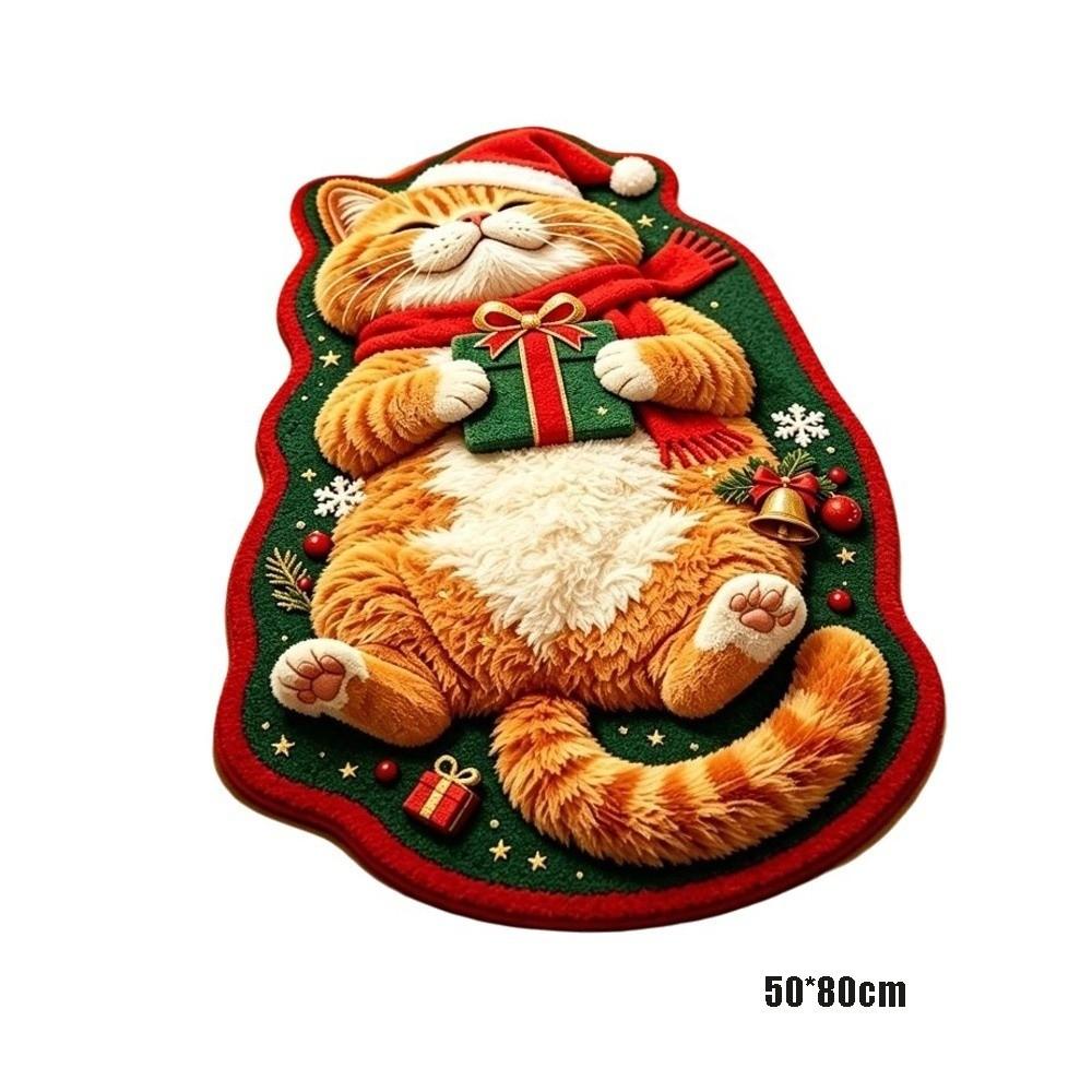 Christmas Theme Pattern Cat Shaped Area Rug Plush Faux Cashmere Rug Entryway Decor