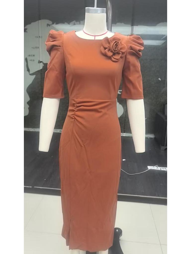 Новое платье с завышенной талией, 3D цветочным декором и короткими рукавами - Европейский и американский стиль, приталенный силуэт, идеально для вечеров и вечеринок