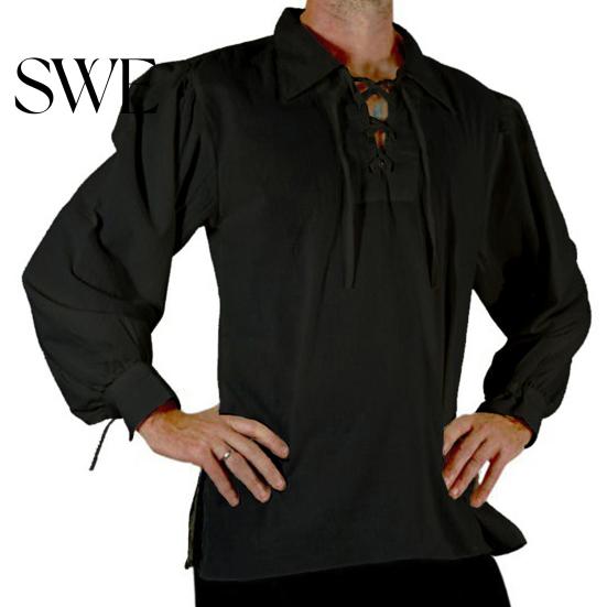 Lapel Strap Men Shirt Adult Medieval Renaissance Cosplay Long Sleeve Cuff Lace-up Solid Color Loose Fit Pullover Vintage Style