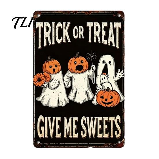 Durable Metal Hanging Sign Retro Halloween Wall Sign, Pumpkin Ghost Bathroom Witch Skeleton Art Cat Festival for Bar Home Room Decor Party Ornaments