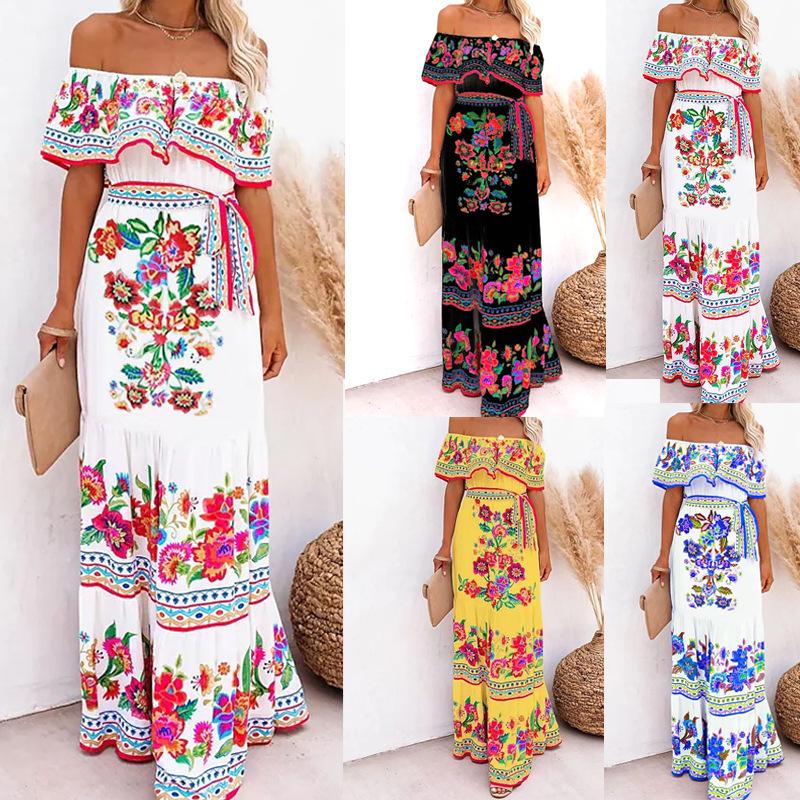 Bohemian Floral Chiffon Maxi Dress - Women's Beach Vacation Style