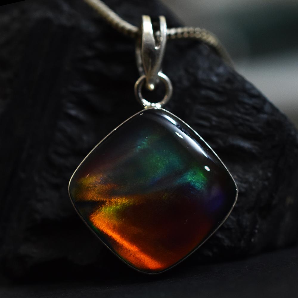 925 Sterling Silver 26ct Natural Ammolite Certifeid Square Pendant Gift for Her Gemstone Jewelry