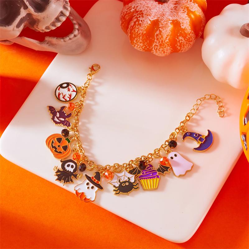 Halloween Funny Pumpkin Ghost Bracelet For Women Black Bat Spider Web Hat Metal Chain Bangles Hip Hop Punk Festival Jewelry Gift